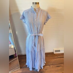 Max Studio Blue White Gingham Plaid Belted Maxi Dress NWT Size Small